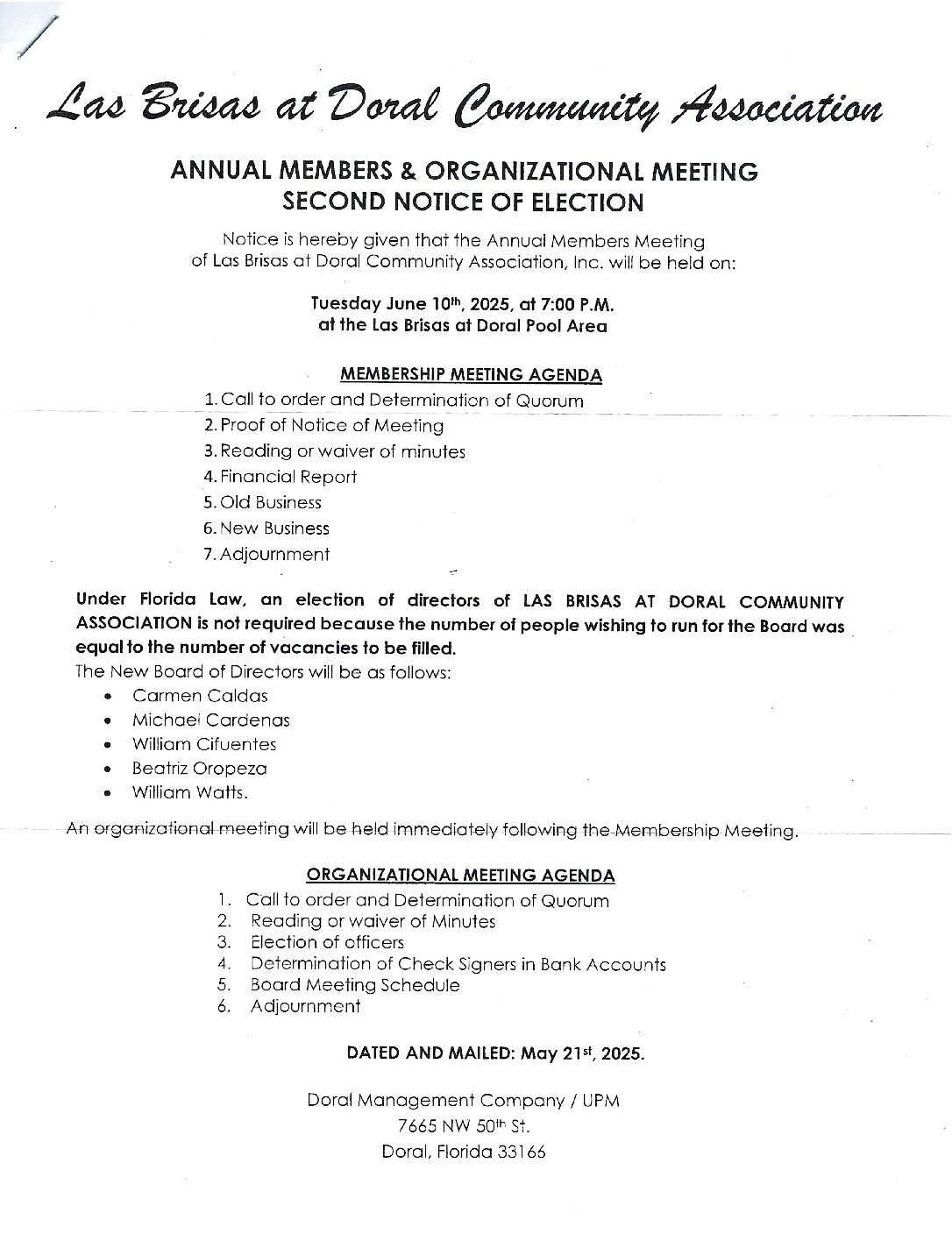 Las Brisas at Doral 2nd Notice of Annual Meeting and Organizational Meeting