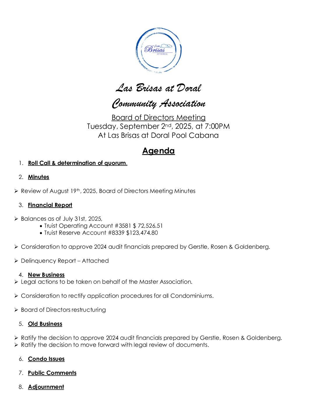 Las Brisas at Doral Community Assoc. Board of Directors Meeting